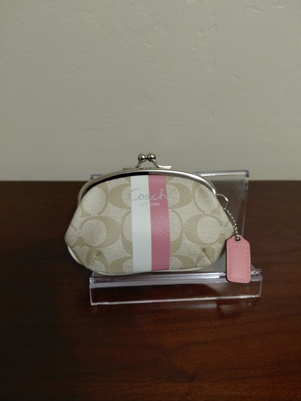 Coach Signature Khaki & Pink Legacy Striped Kisslock Coin Purse